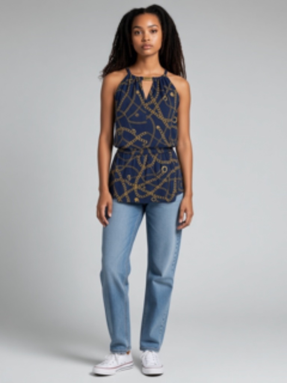 Michael Kors Chain Link Design Gathered Waist Blouson-Style Top Size S